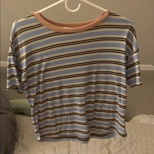 small light blue tee with green and pink stripes